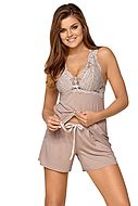 Top and shorts pajamas, lightly padded cups, floral lace, small dots